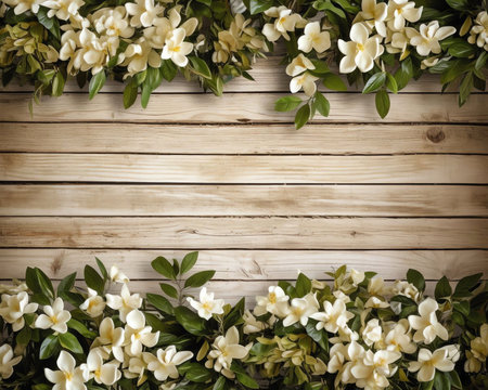 Generative AI : Spring floral background Green border of white forest flowers primrose in nature and old wooden light rustic boards in vintage style Texture of fresh forest greenerの素材