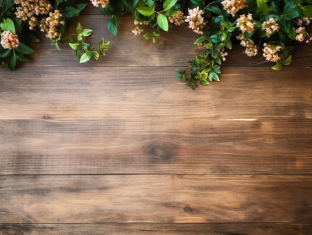 Generative AI : Light wooden background template with a green border of a decorative flowering plant top view Wooden plank boards with old texture and leaves of a plant with blue fの素材