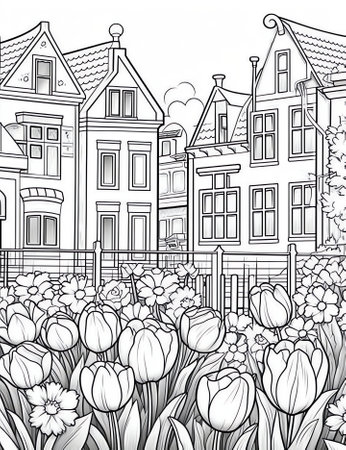 Generative AI : City landscape with blooming tulips in springの素材