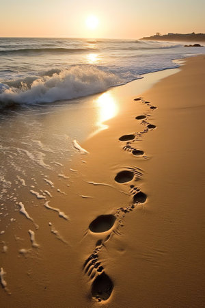 Generative AI : Footprints on the golden sundrenched sand of the beachの素材