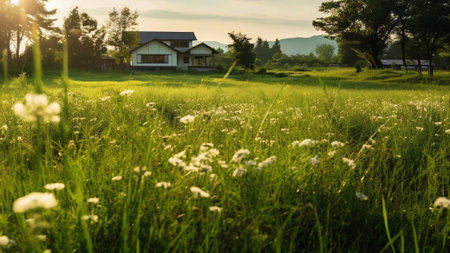 Generative AI : Tall green juicy young grass at sunset in sunshine in spring summer against a blurred rural landscape with a houseの素材