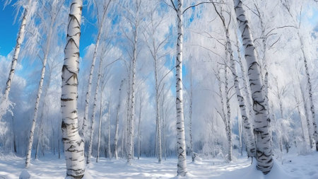 Generative AI : Winter tops of birches are covered with hoarfrost Beautiful birchtrees in winter in the snow against the blue sky at dawn