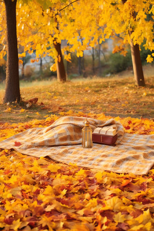 Generative AI : A carpet of beautiful yellow and orange fallen leaves against a blurred natural park and blue sky on a bright sunny day Natural autumn landscapeの素材