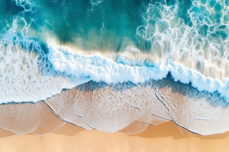 Generative AI : Beautiful bright colorful tropical summer background Soft turquoise blue ocean wave on golden sandy beachの素材