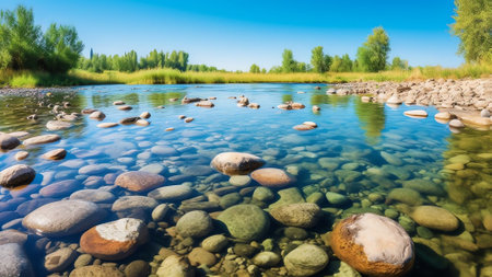 Generative AI : Beautiful colorful summer spring landscape with a lake in Park with many trees and stones in foreground Panoramaの素材