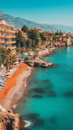 Generative AI : Amazingly beautiful panorama of Mediterranean resort Antalya turquoise sea white surf line clean wide beach greenery of parks chain of mountains on horizon with cloの素材