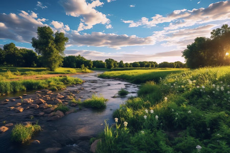 Generative AI : Beautiful panoramic background image of the countryside with a slowly flowing stream and dense thickets of bushes along the banks against the backdrop of a picturesの素材