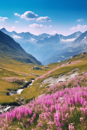 Generative AI : Beautiful spring landscape with flowering almond tree against backdrop of mountains on bright sunny day Spring awakening natureの素材