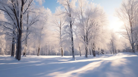 Generative AI : Beautiful winter natural snowy landscape Snow and forest with blue sky and shining sun Fluffy tree with hoarfrost in foreground Ultrawide formatの素材