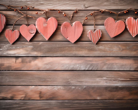 Generative AI : Red heart and the word love on a light wooden board texture in the curly frame country style Background for congratulations lovers Valentines Day birthdayの素材