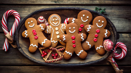 Generative AI : Christmas composition frame with ginger snap Cookie and gingerbread on brown wooden background flat lay copy spaceの素材