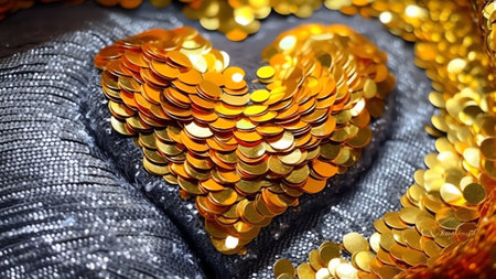 Generative AI : Drawing heart symbol on fabric textile with sequined sequins silver and gold closeup Shiny bright texture scales bright glamorous image Wallpaper background for parの素材