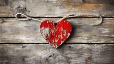 Generative AI : Red heart and the word love on a light wooden board texture in the curly frame country style Background for congratulations lovers Valentines Day birthdayの素材