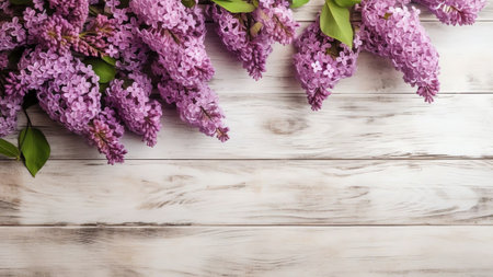 Generative AI : Floral layout creative flower composition Wreath framefrom lilac and pink daisies on white wooden background top view Flat lay copy space macroの素材