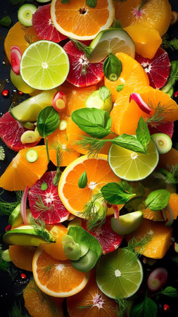 Generative AI : Sweet refreshing summer food concept Summer ice cream fruit ice yellow orange and red colors and slices of lemon top view on dark background of table Summer wallpapの素材