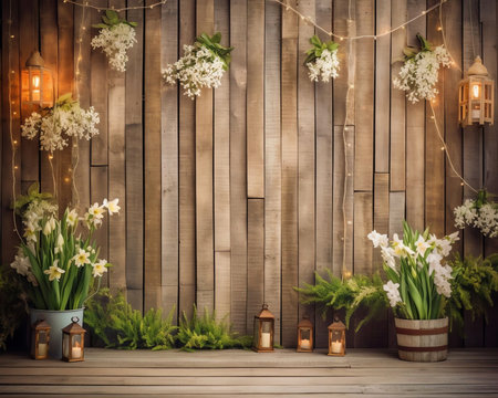 Generative AI : Spring floral background Green border of white forest flowers primrose in nature and old wooden light rustic boards in vintage style Texture of fresh forest greenerの素材