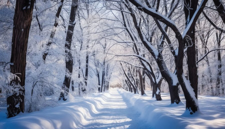 Generative AI : Road in a winter park with snowcovered trees of mountain ash in the rays of sunlight Beautiful Christmas winter artistic imageの素材
