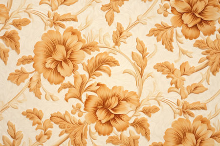 Generative AI : Beautiful texture of paper Wallpaper embossed in form of a classic floral ornament in light golden beige and white tonesの素材