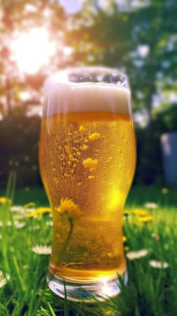 Generative AI : A tall beautiful glass with pure clean natural mineral water and an orange butterfly against a green lawn background closeup macro outdoors on nature in sun rays ofの素材