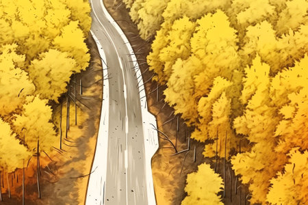 Generative AI : Beautiful autumn forest with yellow orange leaves maple trees in bright sunlight in natureの素材