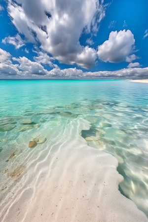 Generative AI : Beautiful background image tropical beach stretch of light sand white breakers foam and amazingly clear water Turquoise blue greenish shades of water and play of suの素材