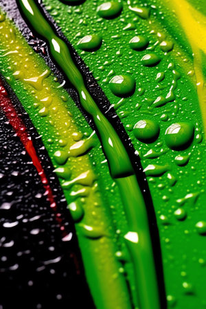 Generative AI : Abstract bright colorful background with drops of oil and water in green and yellow tones macro Creative image of the beauty of environment and natureの素材
