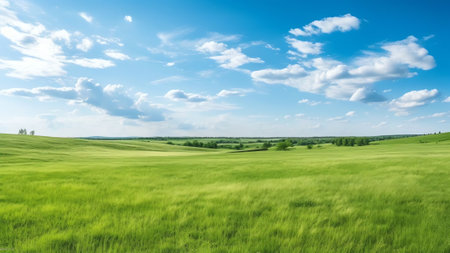 Generative AI : Beautiful natural scenic panorama green field of cut grass into and blue sky with clouds on horizon Perfect green lawn on summer sunny dayの素材