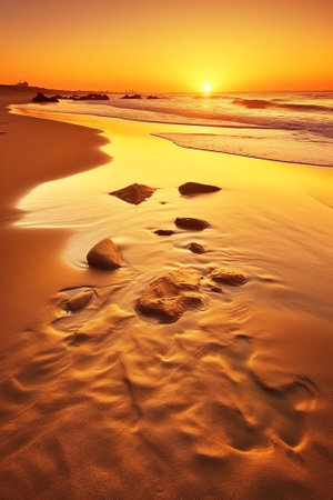 Generative AI : Beautiful natural sunset on tropical sandy beach A seascape with an orangegolden sky creates peaceful calm mood for summer vacation travel holidayの素材