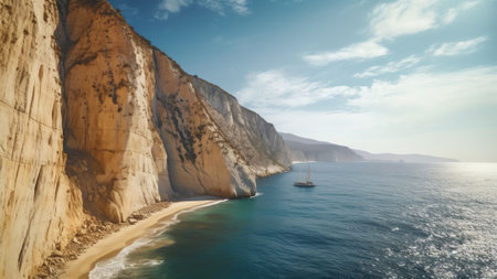 Generative AI : Beautiful image from a high cliff to endless expanse of blue sea sparkling in sun against light blue sky Picturesque rock in mediterranean seaの素材