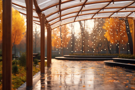 Generative AI : Beautiful pergola in a winter park in sunny weather against a blue sky in the morning at dawn Trees in the snow in nature a magical classic snowy winterの素材