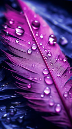 Generative AI : Beautiful large dew drop or rain water on the poultry feather closeup with reflection Blurred soft background in light pink and purple color macro A dreamy artisticの素材
