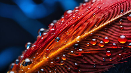 Generative AI : Beautiful large dew drops or rain water on the poultry feather closeup with mirror reflection macro Beautiful light and blurred soft background in red and yellow coの素材