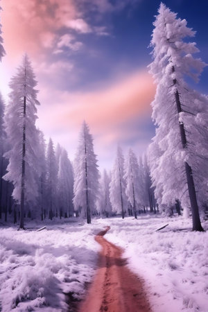 Generative AI : Beautiful fairy winter Trees and fir trees glow in the snowcovered forest park in the snow in the sunlight at dawn in pink tones Magnificent wonderful winter natureの素材