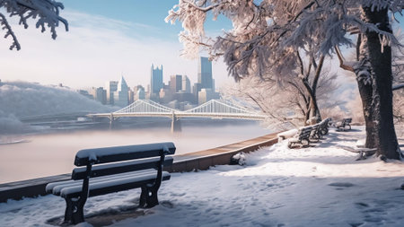 Generative AI : Beautiful natiral landscape of morning snowy city park with frosted trees benches and a frozen blue ice pondの素材