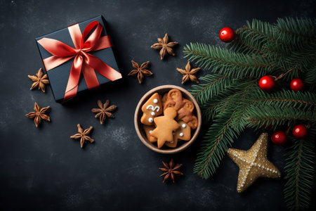 Generative AI : Christmas composition layout with ginger cookies in form of stars in blue plate with red ribbon fir cones on white wooden table with copy space flat layの素材