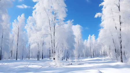 Generative AI : Beautiful view of nature in winter time snowcovered branches of trees against the blue skyの素材