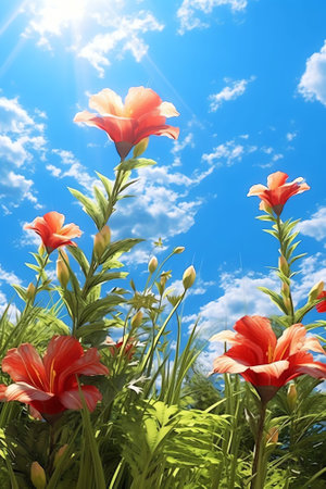 Generative AI : Picturesque bright beautiful sunny summer scene of wide format in nature urticaria butterfly on red hibiscus flower against background of light blue sky with lightの素材