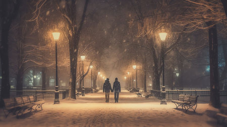 Generative AI : City park in winter with heavy snowfall Passers people and a man walks down the street in the snow storm in the city Snow flakes fallingの素材