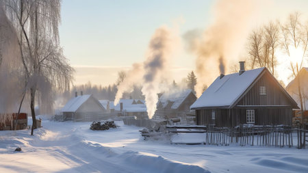 Generative AI : Beautiful winter landscape panorama in a village in the countryside in sunny weather with a cloudy sky houses and roadの素材