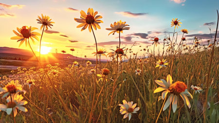 Generative AI : Bright beautiful romantic panoramic natural landscape of summer meadow with daisies against blue sky with clouds on sunsetの素材