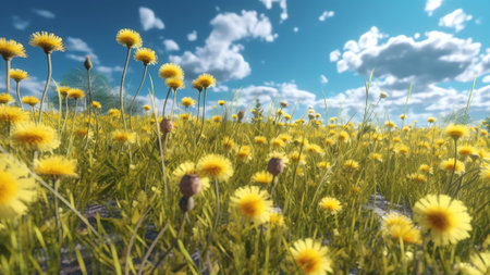 Generative AI : Juicy fresh young grass with yellow dandelions closeup on summer nature on blue sky background with clouds panoramic viev copy spaceの素材