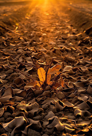 Generative AI : Dry autumn leaf on grass Beautiful golden leaves in the grass in the sun Sheet on the grass at sunsetの素材