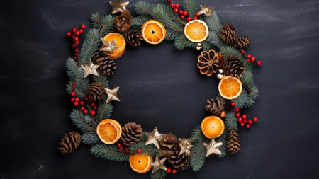 Generative AI : Festive Christmas greeting card with fir branches decorated with natural dried decor of oranges lemons fir cones and red berries Dark black textured background withの素材