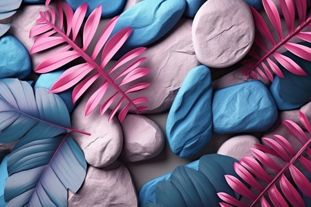 Generative AI : Original creative template for for product presentation in form of composition of stone or marble slabs bright exotic leaves in pink purple and blue tonesの素材