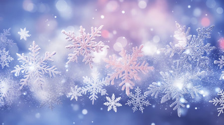 Generative AI : Winter gentle sparkle snowy blurry background in light blue pink tones Christmas backdrop defocused with beautiful light abstract shiny snowflakes flake of snow inの素材