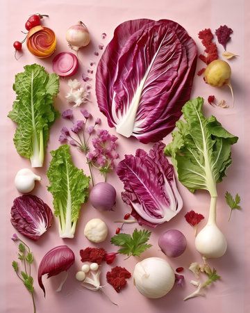 Generative AI : Half a lemon radish and and lettuce leaf with beautiful spot of juice top view Healthy food concept Colorful creative layout vegetables and fruit on pink color backの素材