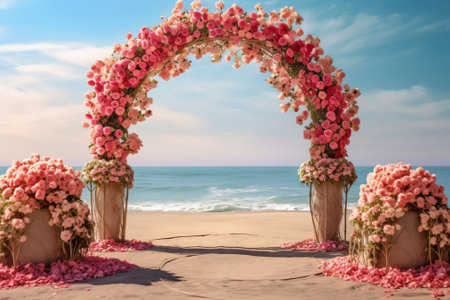 Generative AI : eautiful swing decorated with pink flowers on sandy beach against tbackground of light breeze of turquoise Mediterranean Sea and a blue sky on summer sunny dayの素材