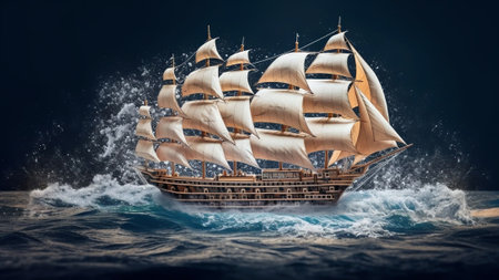 Generative AI : White paper boat floating on the waves of the book pages under beam of light on a blue background Creative idea concept for travel learning and knowledge Beautifulの素材