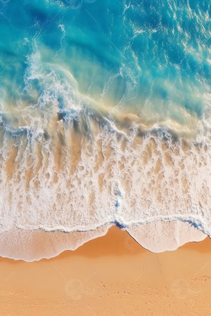 Generative AI : Soft waves with foam blue ocean sea on a golden sunny sandy beach in resort on summer vacation rest The symbol of the sun drawing on the sand Background close upの素材