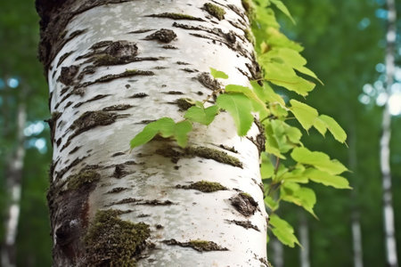 Generative AI : Young juicy green leaves on the branches of a birch in the sun outdoors in spring summer closeup macro on the background of birch trunk Spring Awakening beautiful vの素材